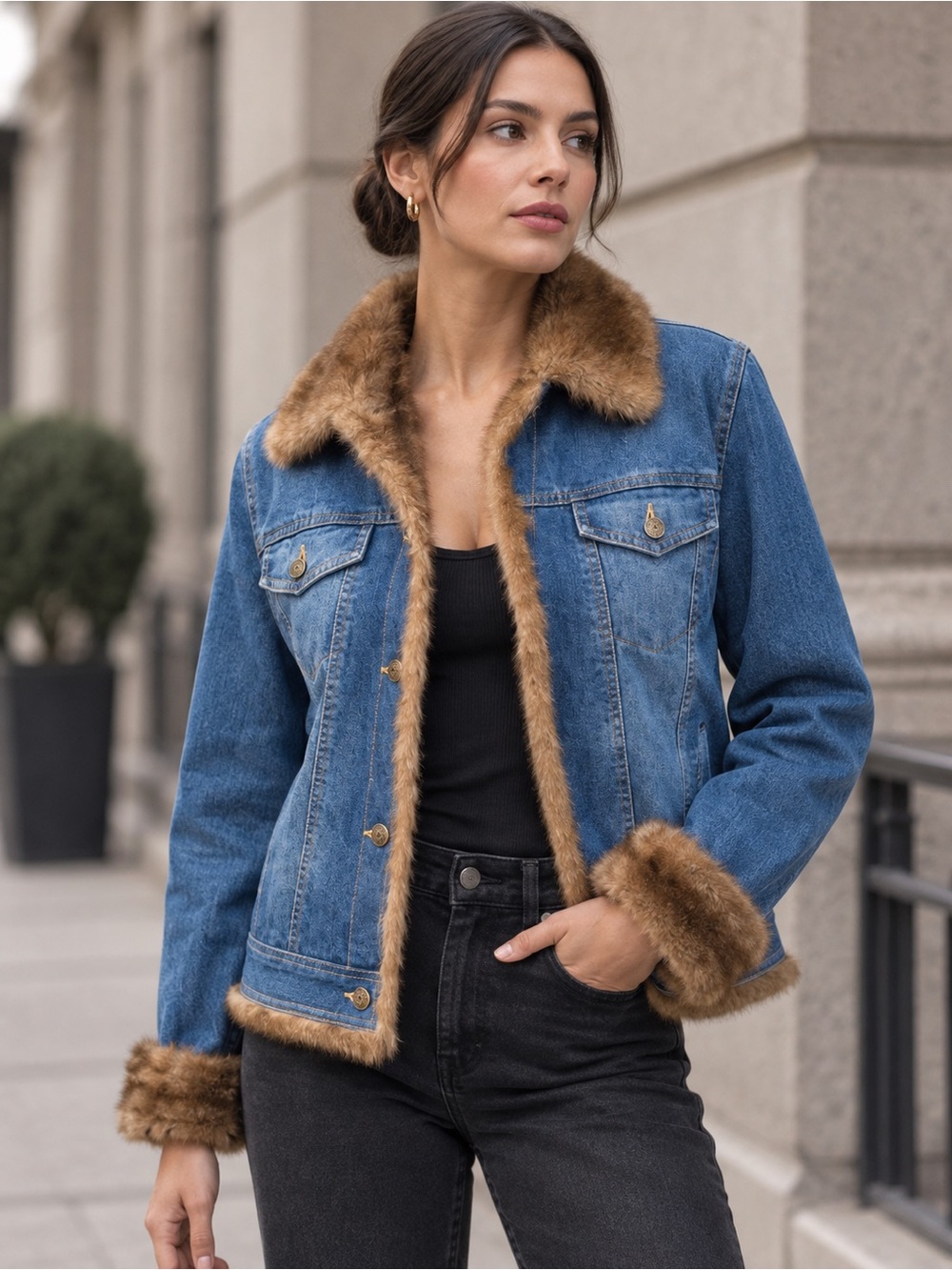 Marvin Richards Faux Fur Trim Denim Trucker Jacket Y2K Western Blue Medium Brown